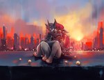 3_fingers 3_toes 4_toes amber_eyes anthro blue_eyes blue_hair building candle cheek_tuft clenched_teeth clothing cloud detailed_background duo facial_tuft feet female fingers fire hair horn hug hugging_another inner_ear_fluff looking_at_another on_lap paws red_hair sunset tail teeth teeth_showing toes tuft kiaun mythology dragon felid feline mammal mythological_creature mythological_scalie scalie 2020 absurd_res hi_res