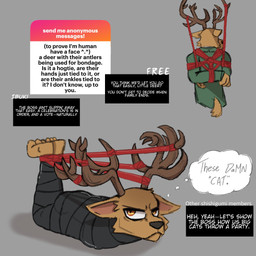 anthro antlers barefoot bdsm bondage bound brown_body clothing duct_tape feet fur glare horn latex looking_at_viewer male mummy_wrappings rear_view restraints ribbons school_uniform simple_background speech_bubble tail tape text uniform wrapped mrpawpaw beastars ngl louis_(beastars) cervine deer humanoid mammal red_deer 1:1 digital_media_(artwork) english_text hi_res sketch