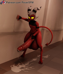 2_horns 5_fingers balls big_balls big_penis bodily_fluids clothing cum cum_on_ground eyebrows fingerless_gloves fingers genital_fluids genitals glans glistening glistening_genitalia glistening_glans glistening_penis gloves hair hand_on_penis handwear hooves horn huge_balls huge_penis hyper hyper_balls hyper_genitalia hyper_penis male not_furry penis red_body red_skin solo spade_tail tail text white_hair yellow_sclera feversfm valorlynz_(modeler) hellaverse helluva_boss moxxie_(helluva_boss) demon imp 2024 3d_(artwork) digital_media_(artwork) hi_res url