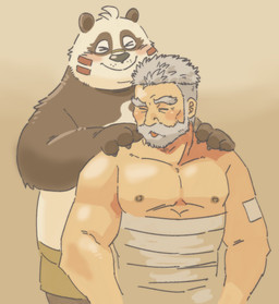 anthro bandage beard blush duo eyes_closed facial_hair kemono male nipples slightly_chubby unsigned garouzuki crave_saga shaoren_(crave_saga) bear giant_panda human mammal 2023 hi_res