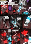 2018 absurd_res anthro battle blue_eyes clover_(kitfox-crimson) colored comic dialogue dialogue_box english_text female fur hi_res in_our_shadow jayrunner_(kitfox-crimson) kitfox-crimson lemur machine mammal mecha melee_weapon murid murine primate punch pupils rat red_eyes rodent shield speech_bubble strepsirrhine sword text weapon white_body white_fur