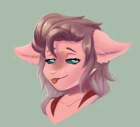 animal_ears anthro blue_eyes blue_sclera brown_hair collarbone dark_eyes ears_down eyebrows eyelashes female fluffy_ears fur green_background hair half-closed_eyes looking_aside monotone_background narrowed_eyes pink_body pink_chest pink_ears pink_eyelids pink_face pink_fur pink_neck pivoted_ears pupils purple_eyebrows purple_hair red_strips simple_background slit_pupils solo striped_body striped_fur striped_shoulders stripes glazedvc canid canine canis mammal wolf absurd_res headshot_portrait hi_res portrait
