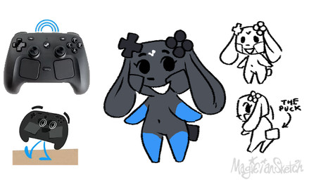 ambiguous_gender anthro anthrofied black_body black_eyes blue_arms blue_body blue_legs blush blush_stickers clothing controller eyelashes front_view game_controller legwear long_ears looking_aside multicolored_body multiple_poses navel pose rear_view short_tail shortstack smile solo standing steam_controller tail thigh_highs two_tone_body magiciansketch steam_controller_(2026) valve valve_corporation valve_hardware steam_bun_(magiciansketch) animate_inanimate lagomorph mammal 2025 digital_media_(artwork) signature
