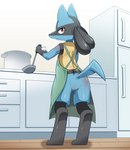 anthro appliance apron apron_only blue_body blue_ears blue_fur blue_tail butt clothing fridge fur green_apron green_clothing inside kitchen_appliance kitchen_utensils ladle looking_back monotone_tail mostly_nude rear_view red_eyes shadow solo standing tail tools sum nintendo pokemon generation_4_pokemon lucario pokemon_(species) 2022 hi_res