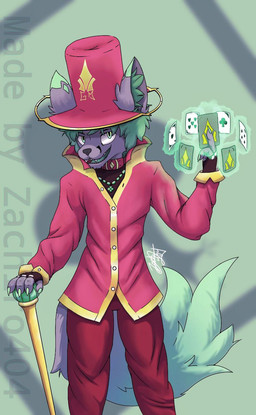 anthro bottomwear cane card choker clothing coat dramatic emerald_necklace fingerless_gloves fur gloves glowing_object gold_trim golden_markings green_body green_fur green_hair grey_body grey_fur hair handwear hat headgear headwear jewelry magic magician male necklace pants playing_card red_bottomwear red_choker red_clothing red_coat red_jewelry red_necklace red_pants red_topwear sharp_teeth solo teeth top_hat topwear zachiro404 canid canine fox mammal hi_res