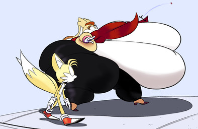 anthro belly belly_overhang big_belly big_butt breasts butt button_(fastener) button_pop clothing duo female fur gloves handwear huge_belly huge_butt huge_thighs hyper hyper_belly hyper_butt hyper_thighs male morbidly_obese morbidly_obese_anthro morbidly_obese_female obese obese_anthro obese_female orange_body orange_fur overweight overweight_anthro overweight_female red_clothing red_shirt red_topwear shirt thick_thighs topwear wardrobe_malfunction ultrahand sega sonic_the_hedgehog_(series) miles_prower vanilla_the_rabbit canid canine fox lagomorph leporid mammal rabbit hi_res