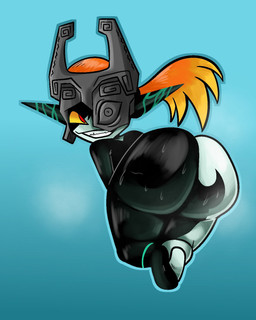 armor big_butt black_body blue_background bodily_fluids butt clothing feet female fused_shadow green_markings grey_body hair headgear headwear helmet huge_butt humanoid_pointy_ears looking_at_viewer looking_back looking_back_at_viewer markings naughty_face one_eye_obstructed orange_hair pointy_ears ponytail red_eyes shortstack shortstack_female simple_background smile solo sweat sweaty_butt thick_thighs wide_hips yellow_sclera trekismog nintendo the_legend_of_zelda twilight_princess midna humanoid imp twili 2025 4:5 hi_res