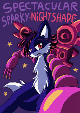 anthro cybernetics dark_body dark_fur female fluffy fluffy_tail fur holding_viewer looking_at_viewer machine mechanic shadow shadow_face solo star tail text avion_245 spectacular_sparky_(video_game) nightshade_(spectacular_sparky) canid canine cyborg fox mammal 2022 colored hi_res