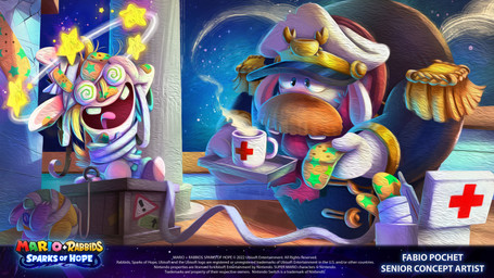 anthro band-aid band-aid_on_face bandage bandage_on_face bandaged_chest blonde_hair blue_eyes boat box buckteeth button_(fastener) clothed clothed_anthro clothed_female clothed_male clothing container cracked_wall crate cup dizzy dress duo facial_hair female female_anthro first_aid_kit floppy_ears fur hair hat headgear headwear holding_bandage holding_serving_tray humped_back larger_anthro larger_male light long_ears looking_at_another lop_ears male male_anthro medical_instrument mitten_hands mug mustache noseless open_mouth open_smile orange_facial_hair orange_mustache pawpads peaked_cap plushie purple_scarf scarf scientific_instrument sitting_on_crate size_difference smaller_anthro smaller_female smile spiral spiral_eyes standing star_(shape) steam tan_inner_ear tan_pawpads teal_clothing teal_dress teeth text thermometer title vehicle watercraft white_body white_clothing white_fur white_hat white_headwear year fabio_pochet mario_bros mario_plus_rabbids_sparks_of_hope nintendo raving_rabbids rayman_(series) ubisoft captain_orion rabbid_rosalina lagomorph mammal rabbid 16:9 2022 4k absurd_res artist_name colored crossover digital_drawing_(artwork) digital_media_(artwork) english_description english_text hi_res lighting official_art shaded widescreen