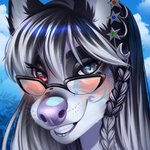 blue_eyes braided_hair day detailed_background eyebrows eyelashes eyewear glasses hair heterochromia looking_at_viewer outside sky smile solo sorafoxyteils michka_kulestis canid canine fox mammal 1:1 2020 digital_media_(artwork) headshot_portrait icon portrait