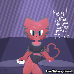 anthro blue_eyes bottomwear breasts clothed clothing condom controller crop_top crossed_legs female fur furniture looking_at_viewer red_body red_fur sexual_barrier_device shirt shorts simple_background sitting smile sofa solo tail text topwear listeon playstation playstation_5 sony_corporation sony_interactive_entertainment felid feline lauf mammal 1:1 digital_media_(artwork) english_text hi_res