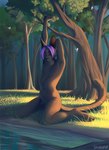 anthro day detailed_background forest grass hair male outside plant purple_hair solo tree sinalanf domestic_cat felid feline felis mammal 2021 digital_media_(artwork)