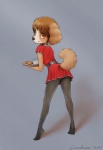 anthro belt biped bottomwear brown_eyes brown_hair butt butt_pose clothed clothing collar cookie dress female food fur glass hair legwear looking_back milk pose simple_background skirt solo standing tail tights young young_anthro young_female coonkun pancake_puppy canid canine canis domestic_dog mammal 2011