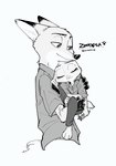 anthro barefoot carrying_another clothed clothing duo eyes_closed feet fully_clothed fur smile kabe2mugi disney zootopia judy_hopps nick_wilde canid canine fox lagomorph leporid mammal rabbit red_fox true_fox hi_res monochrome