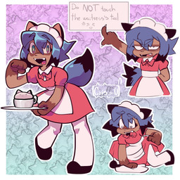 anthro apron biped border bow_tie breasts brown_body brown_fur cat_maid cleaning clothed clothing coffee_cup container crouching cup dipstick_tail dress ears_down facial_markings fangs female footwear frown fur gesture gloves_(marking) hand_gesture head_markings holding_serving_tray leggings legwear looking_at_viewer maid_headdress markings mask_(marking) narrowed_eyes open_frown open_mouth open_smile outline pattern_background paw_pose pivoted_ears pointing pointing_at_sign pose red_clothing red_dress scared serving_tray shoes sign simple_background small_breasts smile smiling_at_viewer solo standing tail tail_markings teeth text waiter waitress_uniform white_border white_outline wide_eyed chaotic_crisu brand_new_animal studio_trigger michiru_kagemori canid canine mammal raccoon_dog tanuki 1:1 2025 digital_drawing_(artwork) digital_media_(artwork) english_text firealpaca_(artwork) hi_res multiple_scenes signature