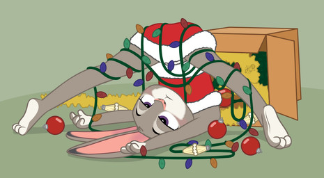 awkward_pose baubles christmas_decorations christmas_lights clothing costume defeated entangled female santa_costume dm29 disney zootopia judy_hopps lagomorph leporid mammal rabbit animated animated_png