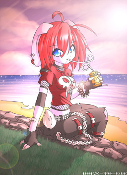 anthro beach chain clothing cloud collar detailed_background drinking_straw ear_piercing female fishnet_clothing fishnet_topwear hair multiple_piercings outside piercing red_hair sand sea seaside silly_straw simple_background sky solo sunset topwear water born-to-die ari_(btd) lagomorph leporid mammal rabbit
