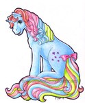 ambiguous_gender blue_body blue_fur bow_accessory cutie_mark feral fur green_eyes hair horn horse_tail looking_at_viewer looking_back looking_back_at_viewer mane multicolored_hair pre-g4 rainbow_hair rear_view sitting smile smiling_at_viewer solo star tail unicorn_horn lazyjenny hasbro mlp_g1 my_little_pony my_little_pony_'n_friends mythology starflower_(g1) equid equine mammal mythological_creature mythological_equine unicorn 2008