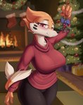 4_fingers anthro anthrofied big_breasts blue_eyes blurred_background blush blush_lines breasts cheek_tuft christmas_tree clothed clothed_anthro clothed_female clothing exposure_variation facial_tuft female female_anthro fingers fireplace fur holding_mistletoe holding_object holidays holly_(plant) inside looking_at_viewer mistletoe orange_body orange_fur plant pokemorph red_eyes smile smiling_at_viewer solo tail tree tuft white_body white_fur cooliehigh christmas nintendo pokemon buizel generation_4_pokemon pokemon_(species) 2023 absurd_res digital_media_(artwork) hi_res portrait three-quarter_portrait