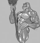 abs anthro grey_background mace male melee_weapon morning_star muscular muscular_anthro muscular_male simple_background solo tongue weapon unknown_artist disney pixar toy_story reptillus_maximus dinosaur prehistoric_species reptile scalie hi_res monochrome