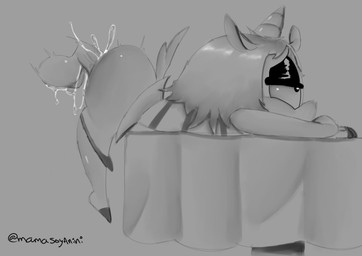 1_horn anthro balls bodily_fluids clothed clothing cum duo female from_behind_position furniture genital_fluids genitals hair half-closed_eyes horn male male/female narrowed_eyes panties panties_down partially_clothed penis sex short short_hair table tail underwear underwear_down unicorn_horn mamasoyanini corn_kidz_64 alexis_(corn_kidz_64) bovid caprine goat mammal absurd_res greyscale hi_res monochrome sketch