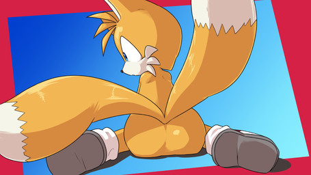 2_tails anthro black_nose blue_eyes bottomwear butt cheek_tuft clothing facial_tuft featureless_crotch footwear fur kneeling male multi_tail orange_body orange_fur pants shoes socks solo tail tan_body tan_fur tuft young young_anthro young_male seen023hey sega sonic_the_hedgehog_(series) miles_prower canid canine fox mammal absurd_res hi_res