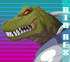 anthro close-up empty_eyes gradient_background green_body green_scales male red_eyes scales sharp_teeth side_view simple_background solo teeth text toastiepumpkin f-zero nintendo bio_rex dinosaur prehistoric_species reptile saurischian scalie theropod tyrannosaurid tyrannosauroid tyrannosaurus tyrannosaurus_rex hi_res