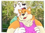 anthro biped black_nose brown_body clothing duo hug hugging_another hugging_from_behind humanoid_hands male open_mouth real shirt slightly_chubby topwear white_body 06junior11 canid canine canis domestic_dog mammal 2023 4:3 hi_res