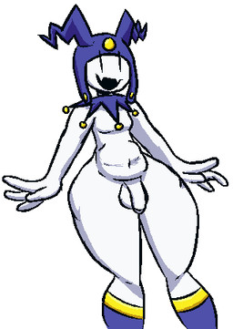 clothed clothing genitals headgear headwear male open_mouth partially_clothed penis simple_background slightly_chubby solo white_background white_body wide_hips dakuterooty atlus megami_tensei sega jack_frost_(megami_tensei) demon humanoid aliasing digital_media_(artwork) low_res