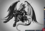 anthro armor ayako breasts claws clothing digital_media_(artwork) dragon female hi_res horn leather looking_at_viewer melee_weapon mythological_creature mythological_scalie mythology non-mammal_breasts predaguy scalie sitting solo sword tail text url weapon wings