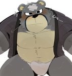 anthro asian_clothing belly black_nose blush bulge clothed clothing detailed_bulge east_asian_clothing erection erection_under_clothing fundoshi genital_outline japanese_clothing kemono male nose_steam overweight overweight_anthro overweight_male penis_outline simple_background solo tenting text underwear white_background hyaku_(artist) animal_crossing nintendo curt_(animal_crossing) bear mammal 2020 hi_res japanese_text