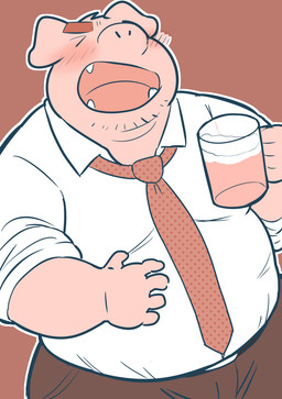 alcohol anthro beer belly beverage blush bottomwear clothing cute_fangs eyes_closed fangs humanoid_hands kemono male necktie overweight overweight_male pants shirt simple_background solo teeth topwear kick_(artist) domestic_pig mammal suid suine sus_(pig) 2015 hi_res