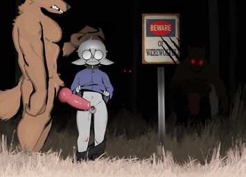 animal_genitalia animal_penis anthro anthro_on_anthro beware black_bottomwear black_clothing black_pants blue_clothing blurred_background blush bodily_fluids bottomwear brown_body brown_fur brown_tail canine_genitalia canine_penis chastity_cage chastity_device claw_marks clothed clothing clothing_lift cum darkness detailed_foreground ears_down eyewear femboy flaccid forest forest_background fur genital_fluids genitals glasses grass grey_body grey_fur grey_hair group hair hand_on_head imminent_group_sex imminent_sex knot knotted_penis larger_anthro larger_male looking_at_viewer looking_down male male/male male_anthro muscular muscular_anthro muscular_male night opaque_glasses oversized_clothing pants penis penis_size_difference pivoted_ears plant predator/prey presenting presenting_chastity_cage presenting_penis red_eyes round_glasses sharp_teeth shirt shirt_lift sign size_difference small_penis smaller_anthro smaller_male standing tail teeth text topwear tree wearing_glasses tamdagoat mythology tam_tam_(tamdagoat) bovid canid canine caprine goat mammal mythological_canine mythological_creature werecanid werecanine werecreature werewolf 2026 colored digital_drawing_(artwork) digital_media_(artwork) hi_res shaded