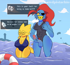 abs anthro anthro_on_anthro athletic athletic_anthro athletic_gynomorph athletic_intersex balls belly big_breasts big_penis blue_body blue_scales blush bodily_fluids breasts camel_toe cleavage clothed clothing clothing_aside crossgender curvy_figure day detailed_background dialogue dialogue_box duo erect_nipples erection eye_patch eyes_closed eyewear female fin freckles front_view ftg_crossgender fti_crossgender genitals glasses grin gynomorph gynomorph/female hair happy head_fin huge_breasts intersex intersex/female lifesaver looking_at_another looking_at_partner masturbation nipple_fetish nipple_outline nipple_pinch nipple_play nipples one-piece_swimsuit outside partially_submerged penile penile_masturbation penis pinch ponytail pubes rectangular_glasses red_hair scales sharp_teeth shortstack shortstack_female silhouette slightly_chubby slightly_chubby_anthro slightly_chubby_female smile sweat swimwear swimwear_aside tail teeth text thick_tail thick_thighs voluptuous voluptuous_anthro voluptuous_female voluptuous_gynomorph voluptuous_intersex wide_hips yellow_body yellow_scales glampistachio undertale undertale_(series) alphys undyne aquatic fish lizard reptile scalie absurd_res digital_media_(artwork) english_text hi_res watermark