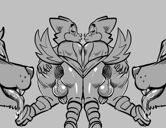 after_kiss anthro anus balls bedroom_eyes big_butt blush bodily_fluids butt clothed clothing drooling fangs footwear fur gaping gaping_anus genital_fluids genitals grey_background group hair half-closed_eyes hand_on_butt hand_on_own_butt looking_at_another looking_back male male/male narrowed_eyes no_underwear penis precum presenting presenting_anus presenting_hindquarters rear_view robe saliva saliva_string sandals seductive sharp_teeth shoes simple_background spread_butt spreading tail teeth thick_thighs tongue tongue_out young young_anthro young_male charliepops helper_(charliepops) canid canine canis domestic_dog mammal 2025 absurd_res digital_media_(artwork) hi_res monochrome