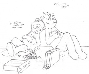 anthro belly big_belly cookie duo eyes_closed food gluttony head_tuft holding_belly male male_anthro narrowed_eyes nude pain sitting text tuft young young_anthro young_male pandapaco nemorio parinton bear giant_panda mammal monochrome sketch translation_request