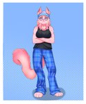 3_toes anthro barefoot beanie big_breasts black_clothing black_shirt black_tank_top black_topwear blue_background blue_bottomwear blue_clothing blue_pants border bottomwear breasts clothed clothing crossed_arms digitigrade dotted_background eyewear feet female front_view fully_clothed fur glasses hat headgear headwear lgbt_pride looking_at_viewer multicolored_beanie multicolored_clothing multicolored_hat multicolored_headwear pants pattern_background pattern_bottomwear pattern_clothing pink_body pink_fur pink_nose plaid plaid_bottomwear plaid_clothing pride_color_beanie pride_color_clothing pride_color_hat pride_color_headwear pride_colors round_glasses shirt simple_background solo standing tail tank_top toes topwear transgender_pride_colors white_border dombahitam rose_(pocketpallie) domestic_cat felid feline felis maine_coon mammal 5:6 absurd_res digital_media_(artwork) hi_res trans_(lore)