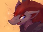 anthro blue_eyes blush eyelashes female fluffy flustered fur grey_body grey_fur hair long_hair looking_at_viewer open_mouth red_hair simple_background snout solo metalisk nintendo pokemon generation_5_pokemon pokemon_(species) zoroark 2024 absurd_res digital_media_(artwork) hi_res