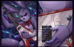 4_fingers animatronic anthro bonnie_(fnaf) bow_(feature) bow_tie comic electric_guitar eyes_closed fingers five_nights_at_freddy's flying_v gibson guitar holding_musical_instrument holding_object lagomorph leporid long_ears machine male mammal motion_lines musical_instrument musical_note nobody_(artist) nude playing_guitar playing_music plucked_string_instrument purple_body rabbit robot scottgames solo string_instrument