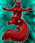 abstract_background anthro arms_wide belly_mouth big_tail black_sclera claws digitigrade fangs fluffy fluffy_tail fur grin hair highlights_(coloring) long_hair long_tongue male pawpads red_body red_fur slightly_muscular smile smirk solo tail teeth tongue white_eyes white_highlights vampirsttg varro canid canine canis mammal wolf absurd_res hi_res