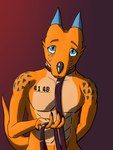 ambiguous_gender athletic athletic_humanoid bdsm blue_eyes blue_horn collar hexadecimal_text horn leash leashed_collar looking_at_viewer markings offering_leash orange_body orange_scales petplay pupils roleplay scales simple_background slave_tattoo slit_pupils solo submissive tattoo text text_on_body astral_kobold 41-4b_(astral_kobold) humanoid kobold scalie absurd_res cel_shading hi_res shaded