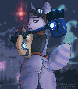 anthro bottomless butt clothed clothing cybernetic_arm cybernetic_limb disability eyewear eyewear_on_head female fur genitals goggles goggles_on_head hair hammer looking_back prosthetic prosthetic_arm prosthetic_limb rear_view scarf simple_background solo standing striped_body striped_fur stripes tools vulva white_body white_fur white_hair salvador_zabrali ratchet_and_clank sony_corporation sony_interactive_entertainment rivet_(ratchet_and_clank) lombax mammal hi_res