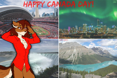 anthro aurora_(phenomenon) banff bottomless brown_body brown_fur brown_hair canada canadian_flag clothed clothing collared_shirt dress_shirt facial_markings female fur gesture hair head_markings holidays markings niagara_falls photo_background red_clothing red_eyes red_shirt red_topwear rogers_communications salute serious shirt solo tail tan_body tan_fur thick_thighs topwear jordanos21 canada_day mlb toronto_blue_jays twokinds cassidy_(twokinds) canid canine canis keidran mammal wolf hi_res mixed_media photography_(artwork)