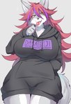 amber_eyes anthro big_breasts black_clothing black_nose bottomless breasts candy clothed clothing dessert eyebrow_through_hair eyebrows female food fur grey_background grey_body grey_fur hair hand_in_pocket hoodie kemono lollipop low-angle_view pockets red_hair simple_background solo text text_on_clothing text_on_hoodie text_on_topwear thick_thighs tongue topwear translucent translucent_hair white_body white_fur wide_hips sgsix canid canine canis mammal wolf japanese_text translated