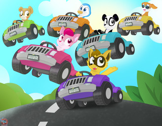 beak black_body blue_body blue_eyes blue_sky blush brown_body car cloud eyewear female floppy_ears green_eyes grey_eyes happy head_tuft license_plate male multicolored_body pink_body pink_eyes road sky sports_car steering_wheel sunglasses tan_body tire tuft vehicle white_body yellow_body rainboweevee agame raccoon_racing banzai_(raccoon_racing) hudson_(raccoon_racing) mambo_(raccoon_racing) pingo_(raccoon_racing) rocko_(raccoon_racing) vixen_(raccoon_racing) avian beagle bear bird brown_bear canid canine canis domestic_dog fox giant_panda grizzly_bear hunting_dog mammal penguin procyonid raccoon scent_hound ursine 2020 hi_res