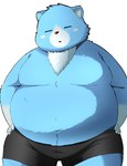 anthro belly big_belly blue_body bottomwear clothing kemono male moobs navel overweight overweight_male shorts simple_background solo white_body trail_arnak nintendo oracle_of_ages oracle_of_seasons the_legend_of_zelda moosh bear mammal 2022 hi_res