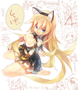 barefoot big_breasts blonde_hair blue_eyes blush bottomwear breasts cleavage clothed clothing fake_cat_ears fake_ears fangs feet female female_focus group hair human_focus long_hair medium_breasts not_furry_focus open_mouth sitting skirt solo_focus teeth text wariza mamuru capcom monster_hunter human mammal monster character_request hi_res japanese_text