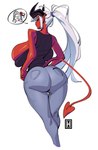 2_horns big_breasts big_butt biped bottomwear breasts butt cleavage cleavage_overflow clothed clothing female hair horn huge_breasts humanoid_pointy_ears logo long_hair looking_at_viewer looking_back looking_back_at_viewer not_furry pants pointy_ears question_mark rear_view red_body red_skin shirt simple_background skimpy solo spade_tail speech_bubble standing tail topwear white_background white_hair thehelmetguy helm_(thehelmetguy) lyla_(thehelmetguy) demon demon_humanoid humanoid 2024 absurd_res hi_res