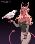 5_fingers albino ambiguous_gender chain claws clothed clothing duo feathers female feral fingers horn red_eyes simple_background standing white_body white_feathers kaitycuddle avian bird corvid corvus_(genus) demon humanoid oscine passerine raven tiefling 2020 digital_media_(artwork)