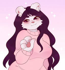 4_fingers anthro bent_arm big_breasts black_eyebrows black_hair blue_eyes blush blush_lines breasts cheek_tuft claws closed_smile clothed clothed_anthro clothed_female clothing eyebrow_through_hair eyebrows eyelashes eyelashes_through_hair facial_tuft female finger_claws fingers fluffy_ears fur gradient_background hair hand_pawpads happy head_tilt heart_pawpads heart_symbol inner_ear_fluff light mouth_closed pawpads pink_clothing pink_nose pink_pawpads pink_sweater pink_topwear purple_background simple_background smile solo sparkles sweater text topwear translucent translucent_hair tuft wavy_hair white_body white_claws white_fur white_inner_ear_fluff suzeart bear mammal polar_bear ursine 2026 artist_name colored digital_drawing_(artwork) digital_media_(artwork) english_description half-length_portrait hi_res lighting portrait shaded